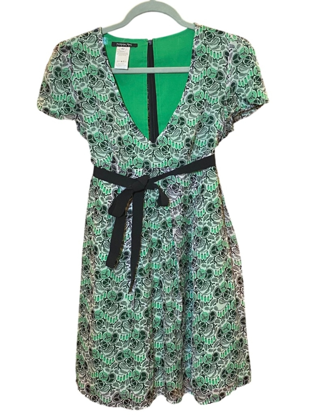 VTG Patrizia Pepe 100% Silk Green Botanical Dress • Y2K Archival Empire Waist 6